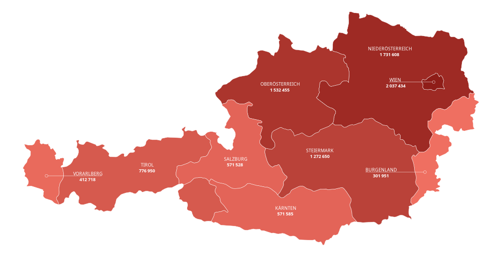 Bevölkerung in Österreich nach Bundesländern im Jahr 2025 (Statistik Austria)