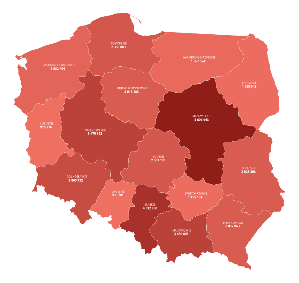 Liczba ludności w Polsce według województw w 2025 roku (GUS)