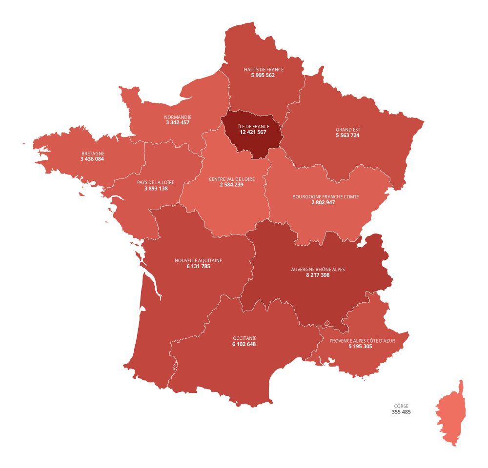 Population de la France par région au 1ᵉʳ janvier 2025 (Insee)