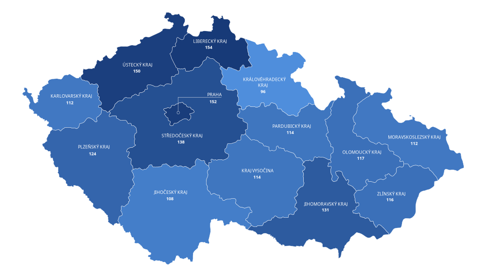 Průměrná cena vodného a stočného podle krajů v ČR v roce 2025 (Kč/m³)