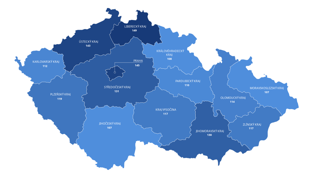 Průměrná cena vodného a stočného podle krajů v ČR v roce 2024 (Kč/m³)