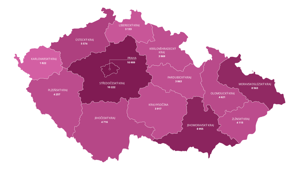 Počet narozených dětí podle krajů v ČR v roce 2025 (ČSÚ)
