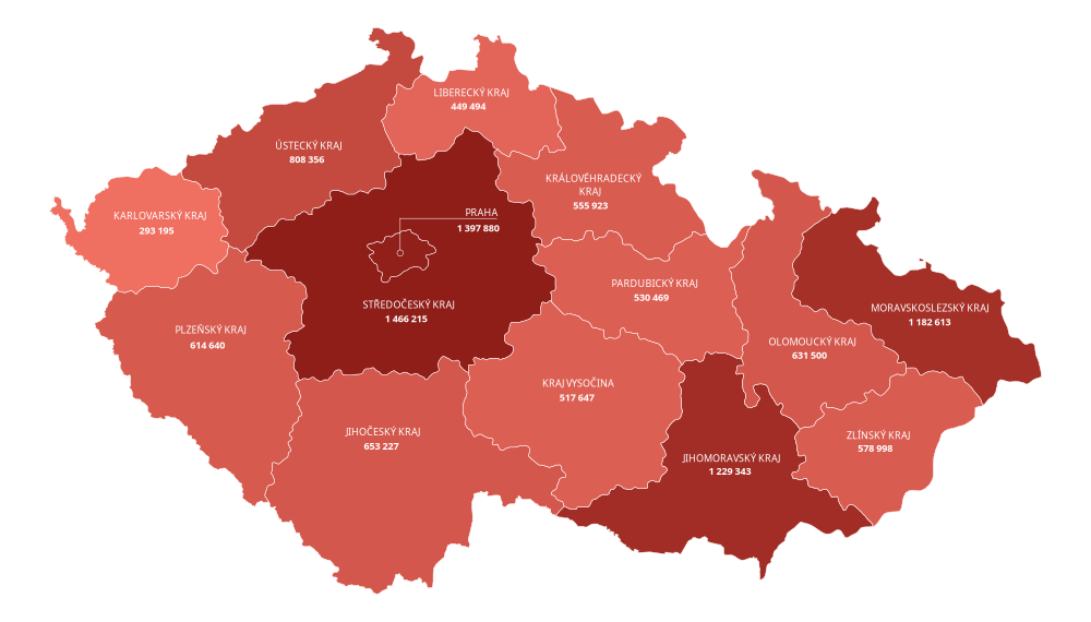 Počet obyvatel v ČR podle krajů v roce 2025 (ČSÚ)
